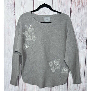 LIV Milano Women’s Knit Sweater Top Long Dolman Sleeve Beaded Gray Size M